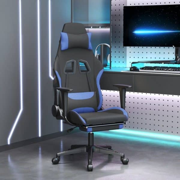 gamingstol med massagefunktion + fodstøtte stof sort og blå