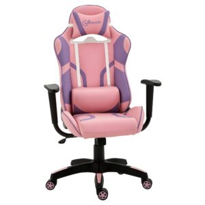 Ergonomisk gamingstol kontorstol drejestol justerbar massage lændepude højdejusterbar pink og lilla 69 x 56 x 125,5 cm