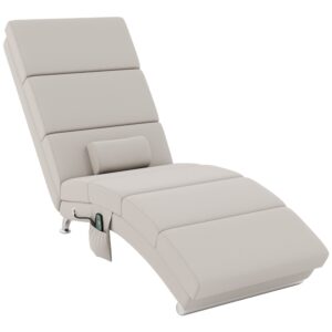 Elektrisk massagestol med lænefunktion, varmefunktion, vibration, lændepude, 56 x 168 x 84 cm, cremehvid